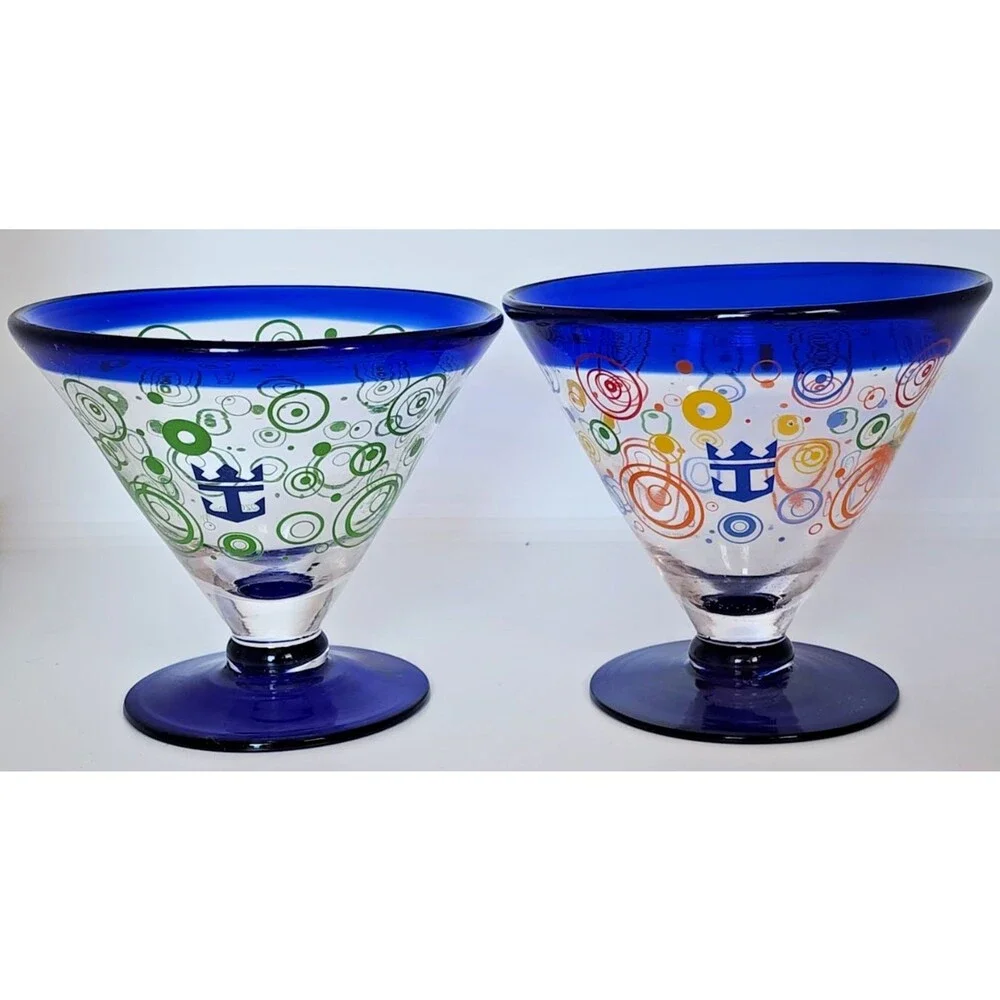 Kosta Boda Royal Caribbean Martini Glass 2009 Hand Blown Drink Bar 2 pc Set Pair